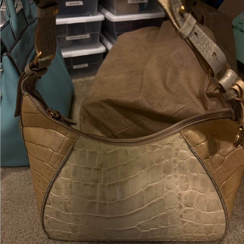 Brahmin Tan and Cream Crocodile-Embossed Shoulder Bag